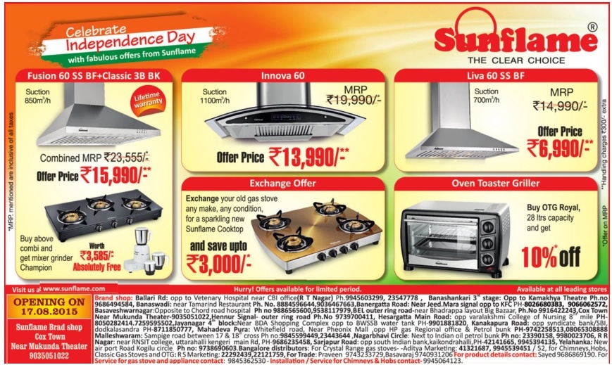 Sunflame Independence Day Offers / Mumbai, New Delhi, Bangalore
