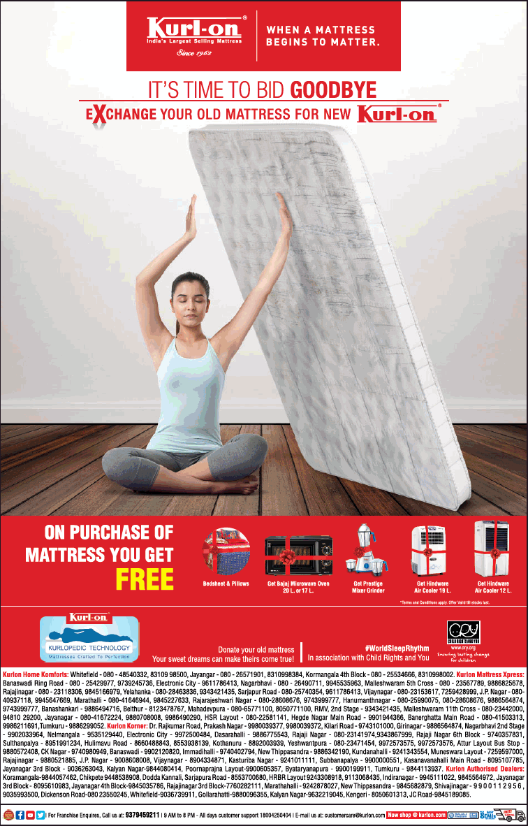 Kurl on Mattresses Free Assured Gift / Bangalore SaleRaja