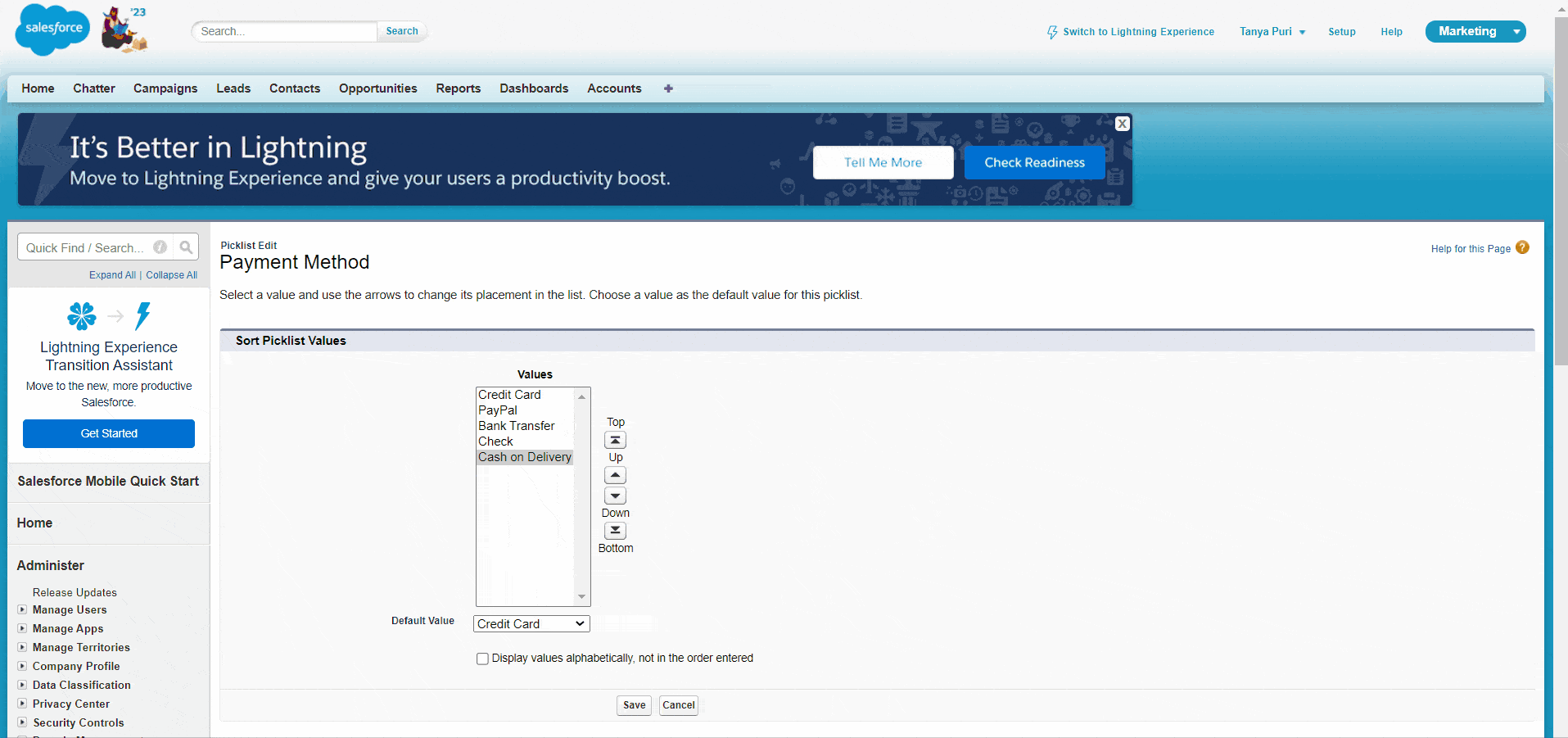 How to reorder the global picklist value set in Salesforce SalesForce