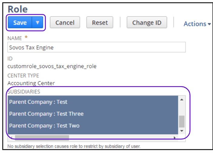 How to assign the Sovos Tax Engine role to a subsidiary in the NetSuite