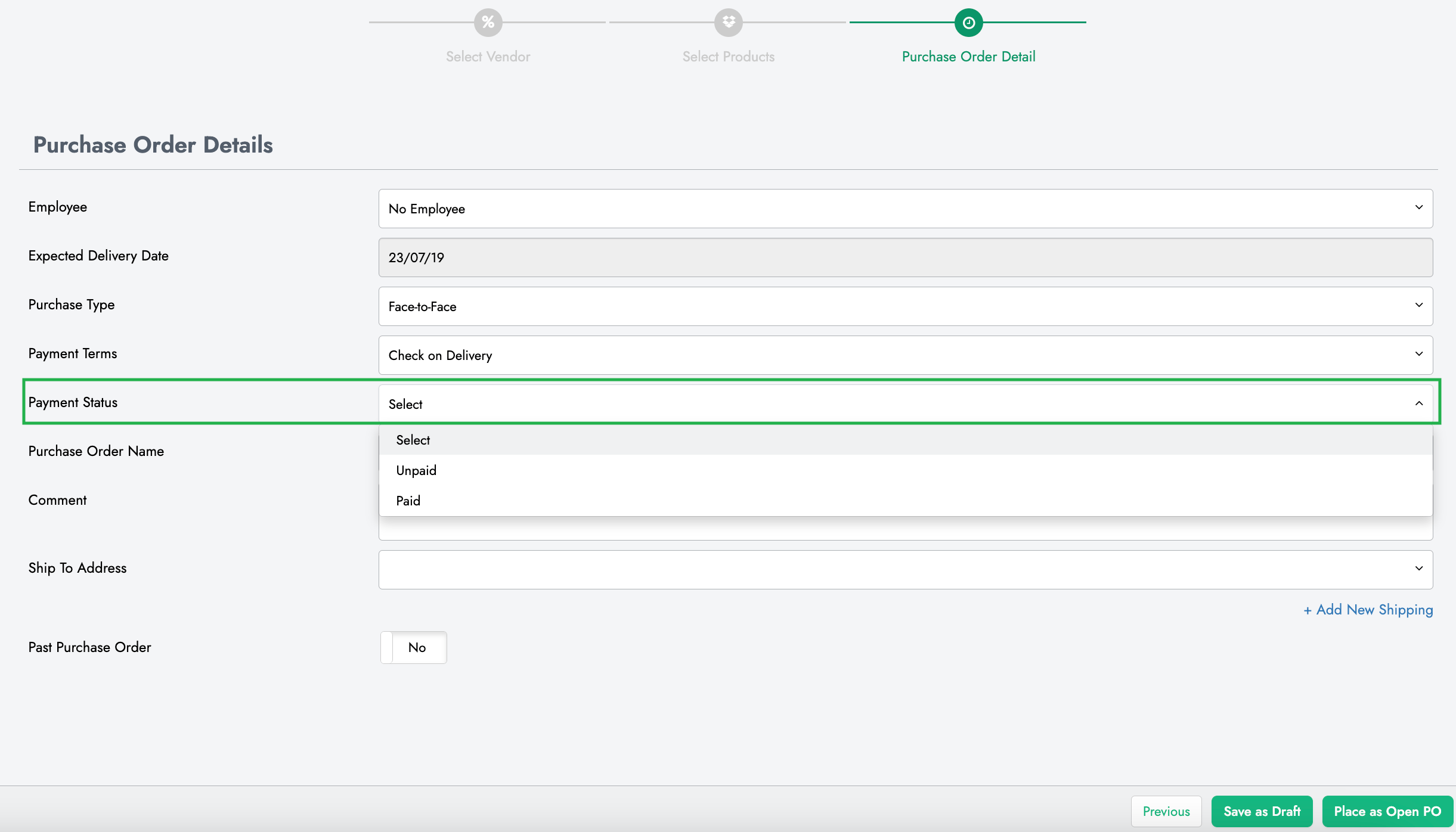 Choosing Purchase Order (PO) Payment Status SalesVu