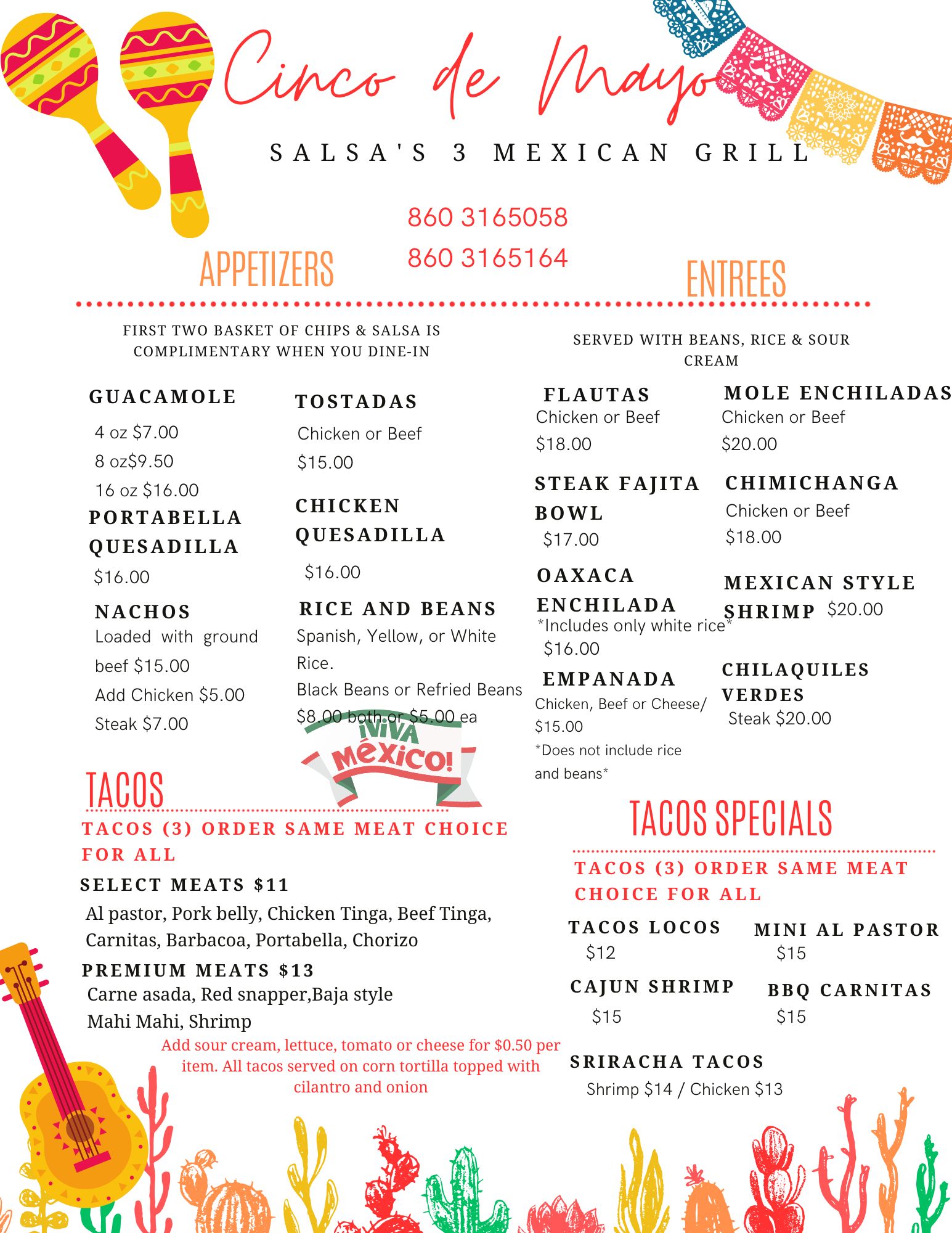 Cinco De Mayo Menu Salsa's 3 Authentic Mexican Restraurant Dine in or