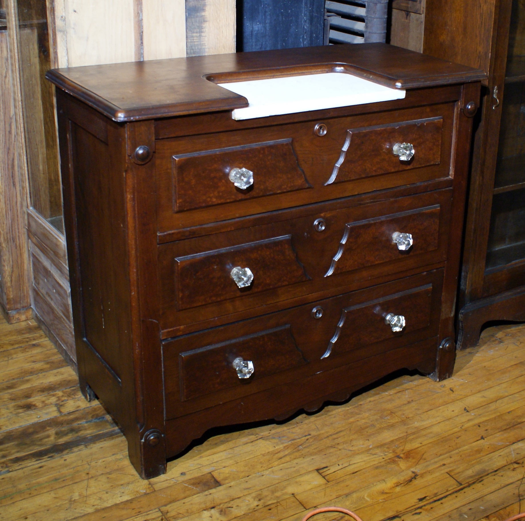 Antique 3 Drawer Dresser w Glass Pulls and Marble Insert Salvage One