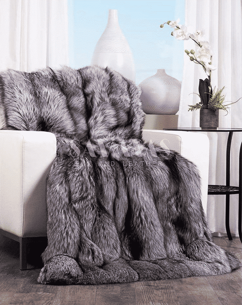 Silver Fox Real Fur Throw Blanket