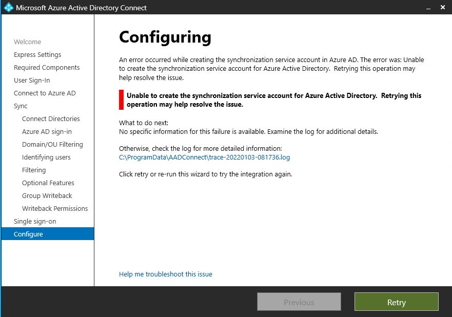 Azure AD Connect Unable to Create the Synchronization Service Account