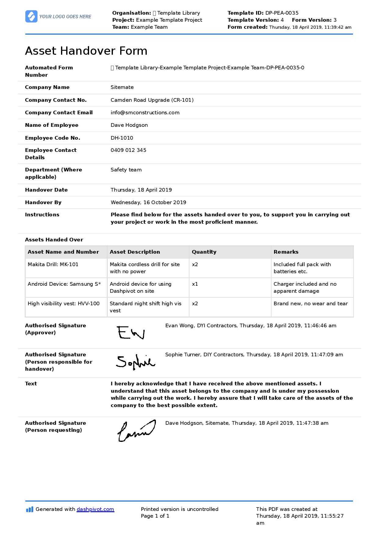 Handover Form Colona.rsd7 throughout Handover Certificate Template