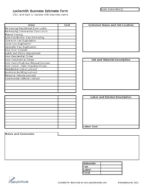 Locksmith Business Estimate Form Excel Spreadsheet