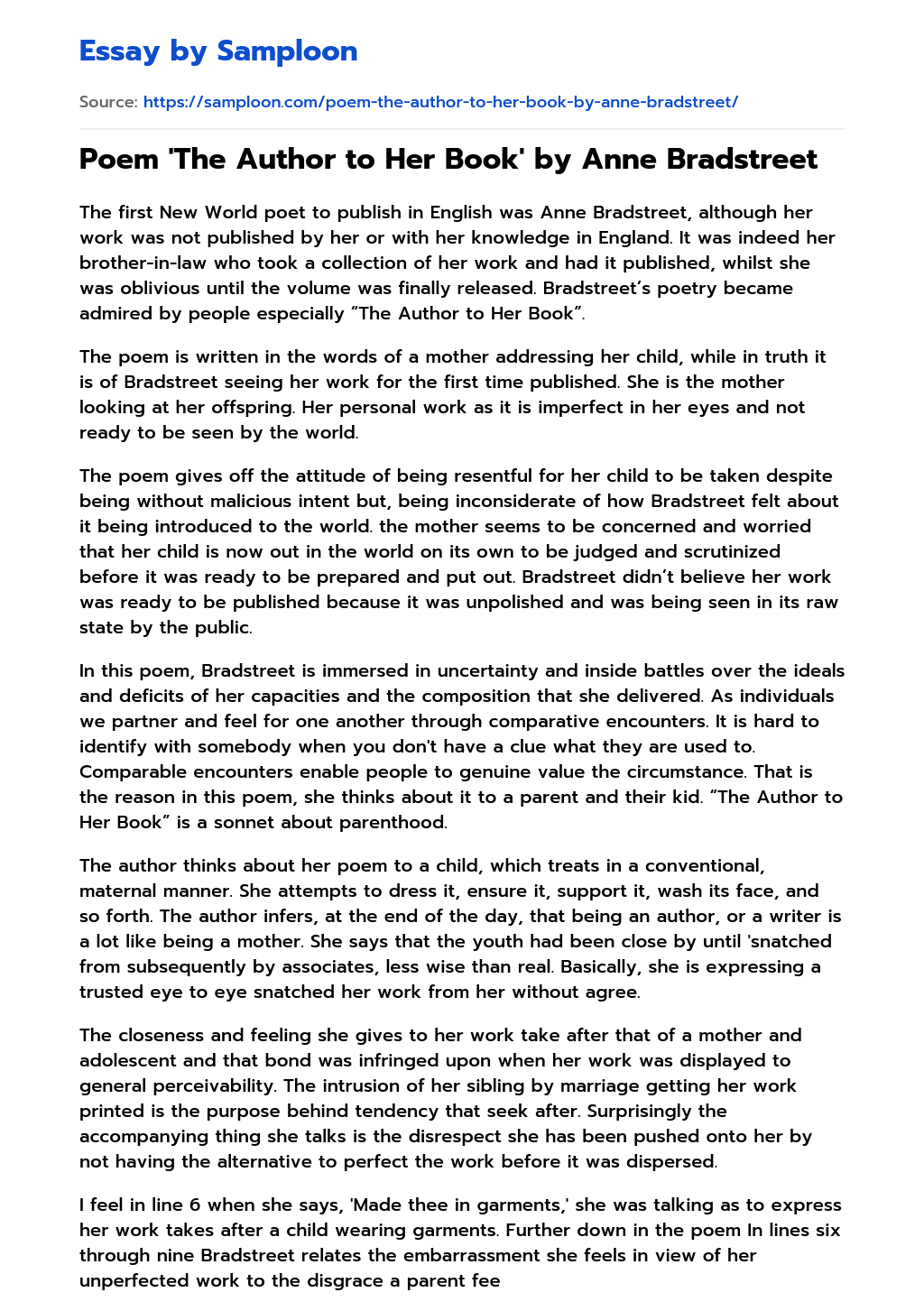 Poem 'The Author to Her Book' by Anne Bradstreet Analytical Essay on