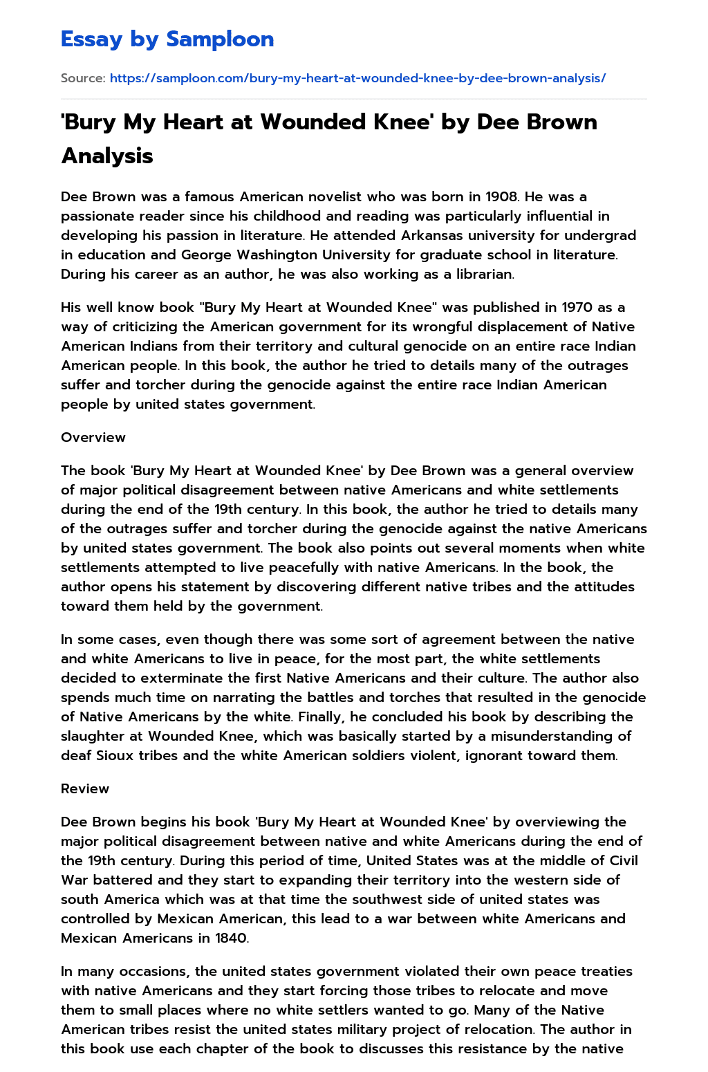 'Bury My Heart at Wounded Knee' by Dee Brown Analysis Free Essay Sample