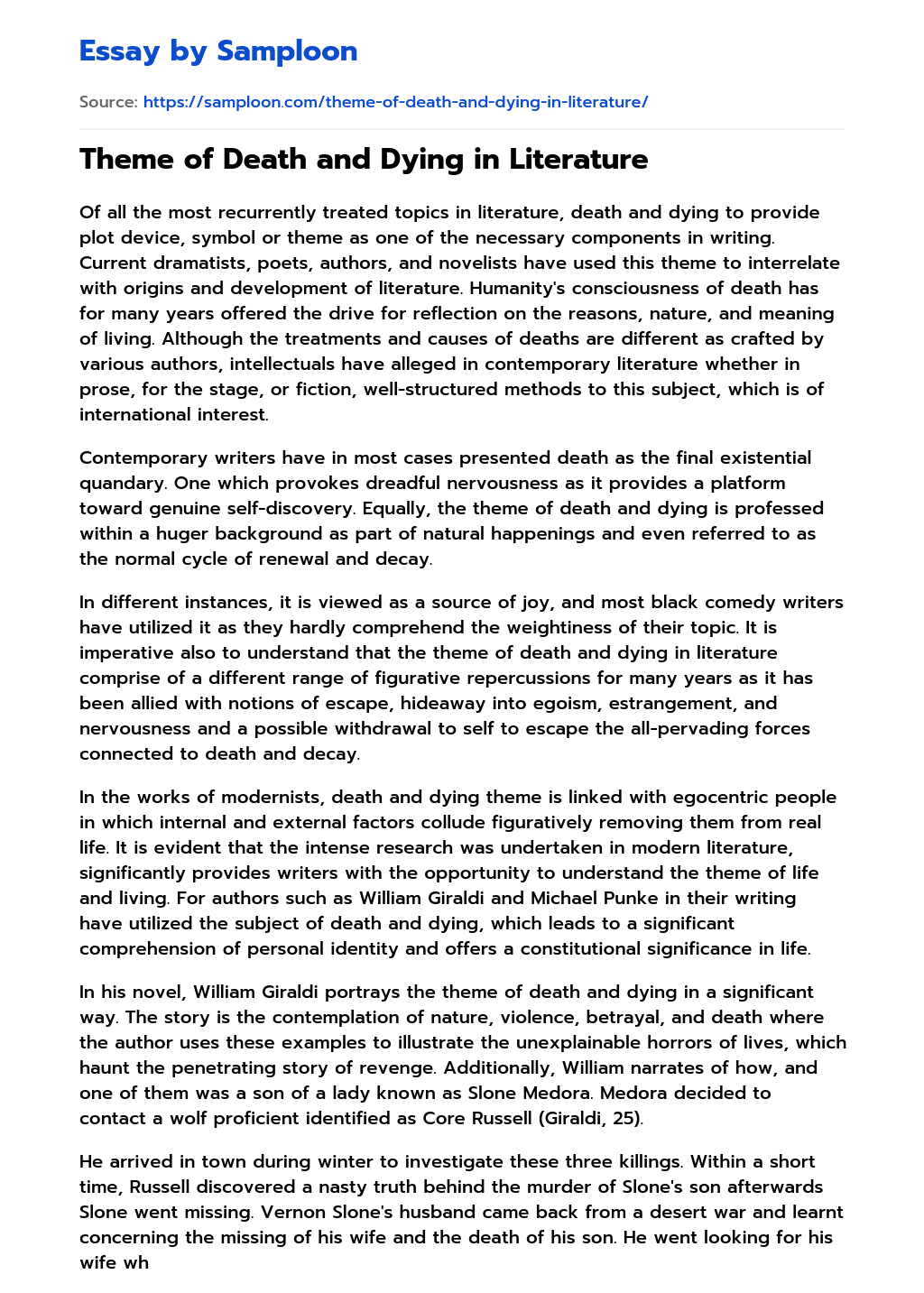 ≫ Theme of Death and Dying in Literature Free Essay Sample on