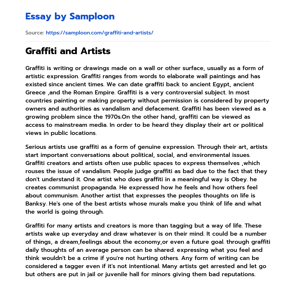 ≫ Graffiti and Artists Free Essay Sample on