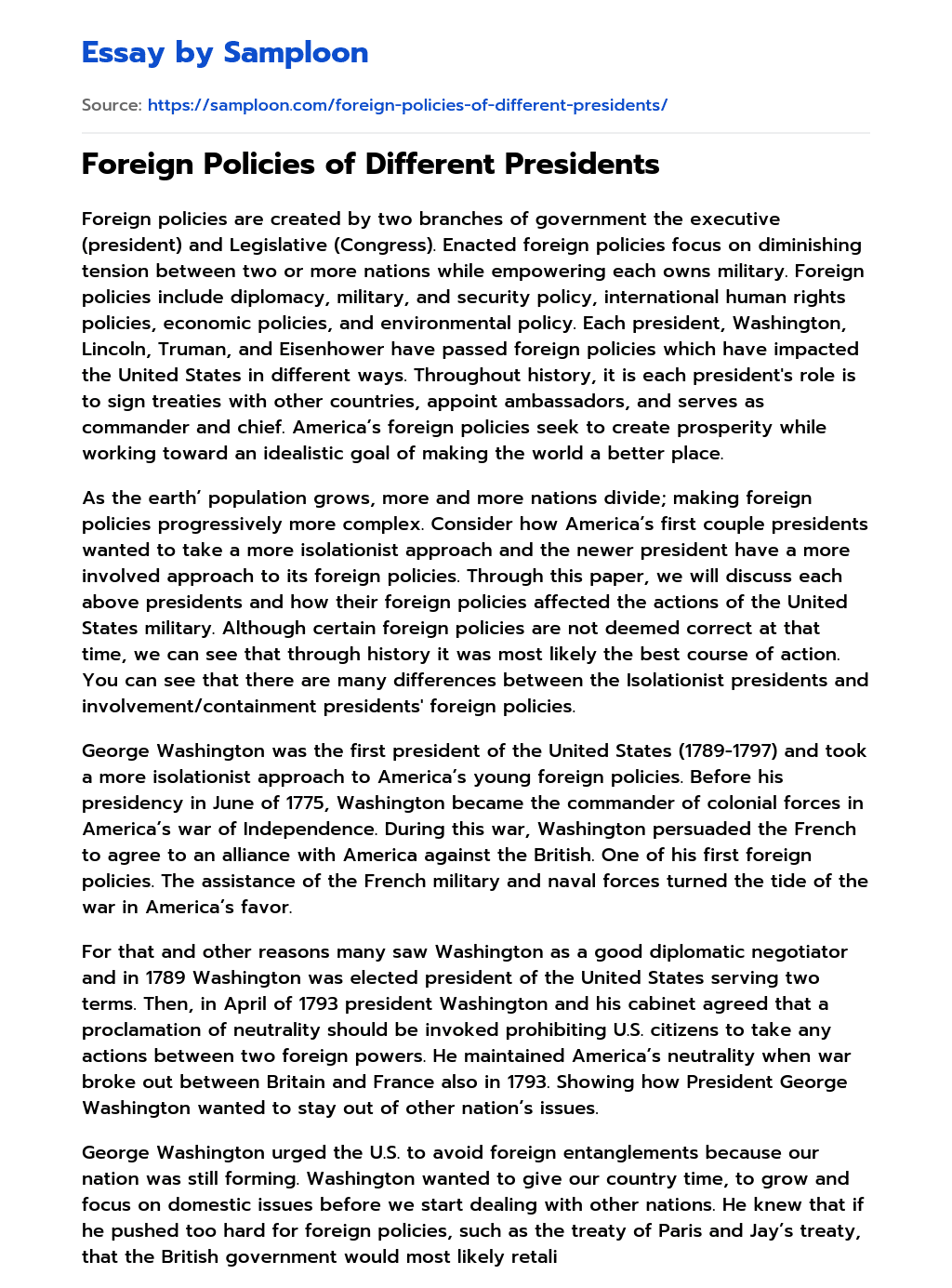 ≫ Foreign Policies of Different Presidents Free Essay Sample on