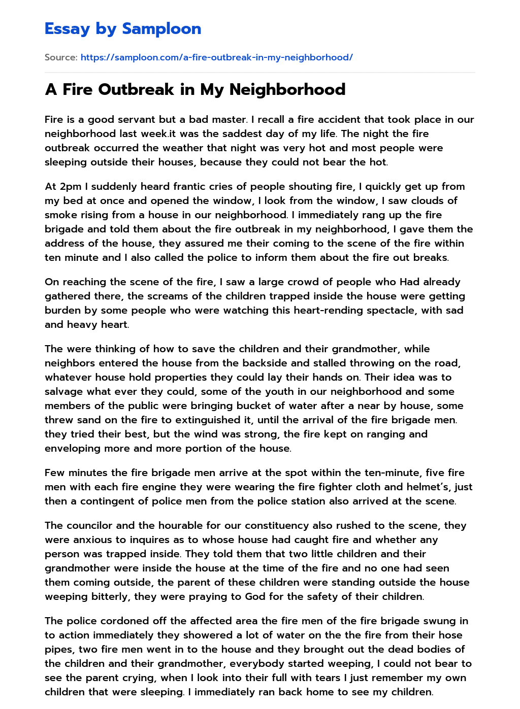 A Fire Outbreak in My Neighborhood Argumentative Essay on