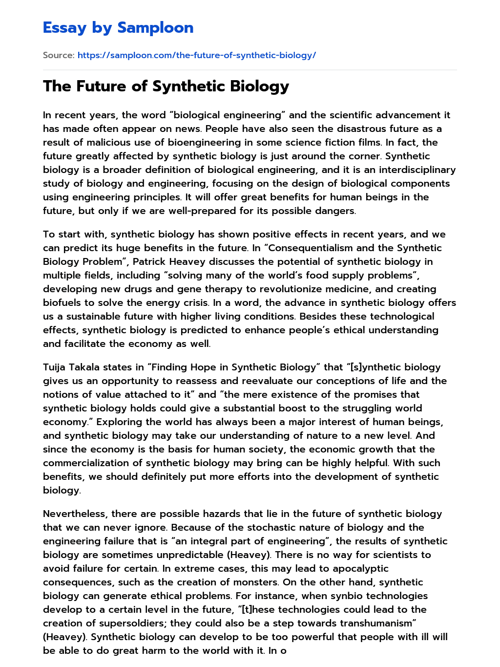 ≫ The Future of Synthetic Biology Free Essay Sample on