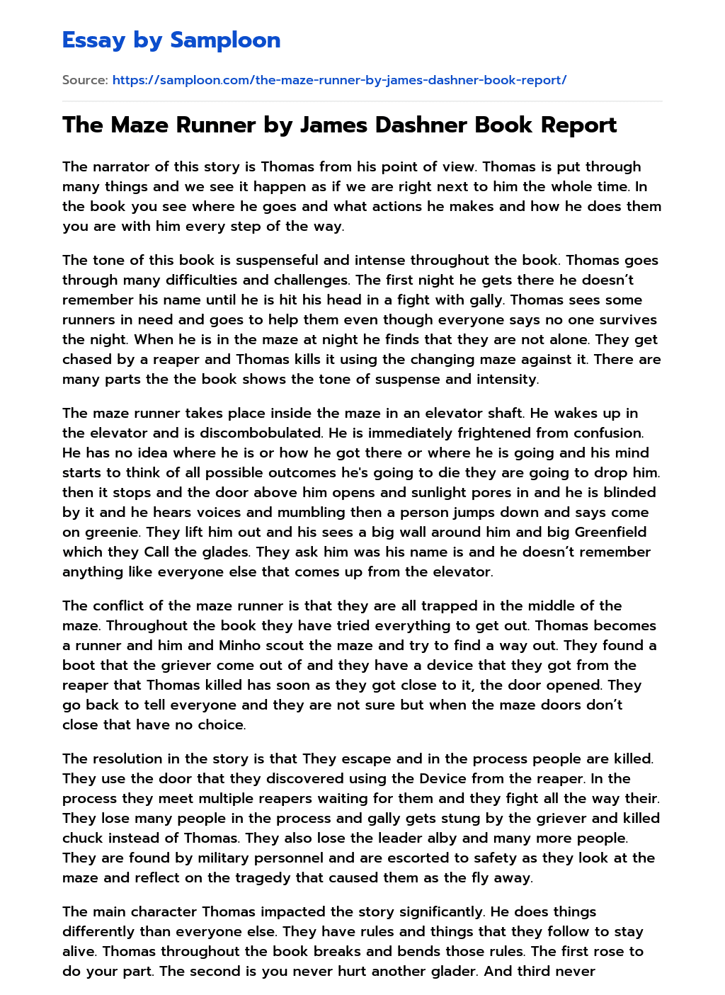 ≫ The Maze Runner by James Dashner Book Report Free Essay Sample on