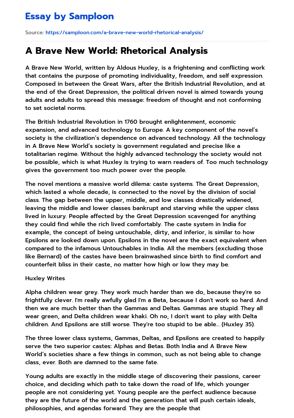 ≫ A Brave New World Rhetorical Analysis Free Essay Sample on