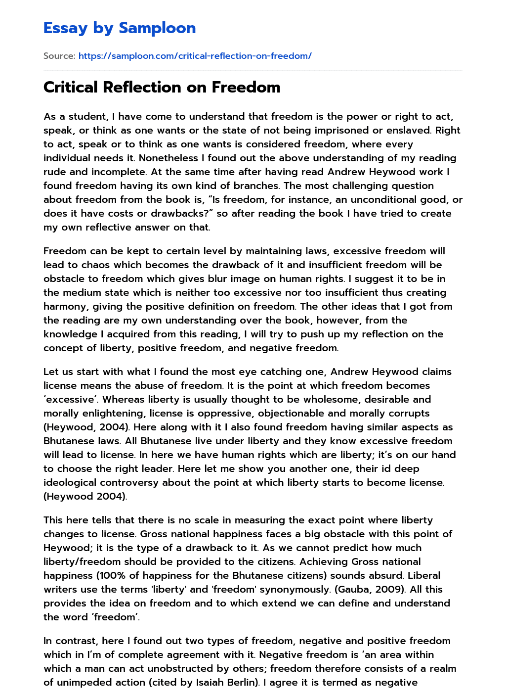 ≫ Critical Reflection on Freedom Free Essay Sample on