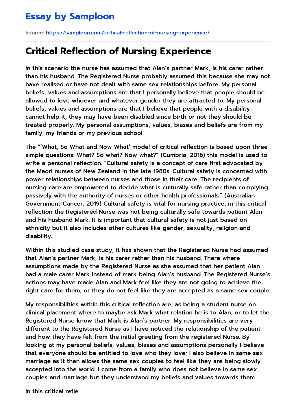 ≫ Critical Reflection of Nursing Experience Free Essay Sample on