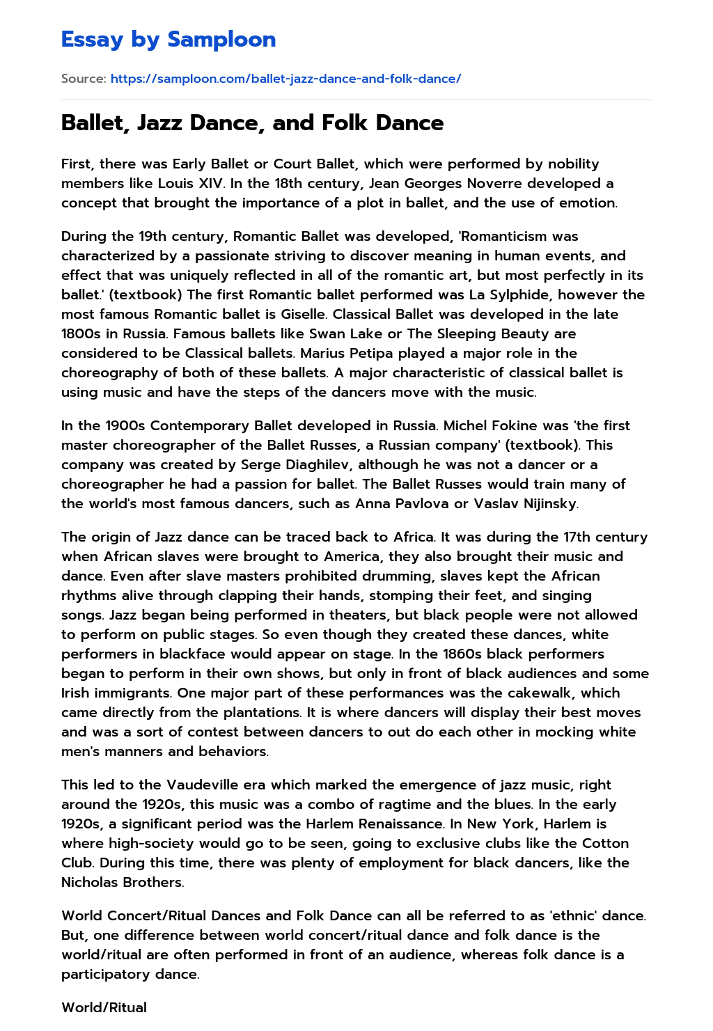 ≫ Ballet, Jazz Dance, and Folk Dance Free Essay Sample on