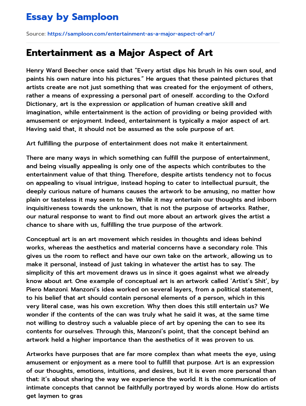 Entertainment as a Major Aspect of Art Analytical Essay on