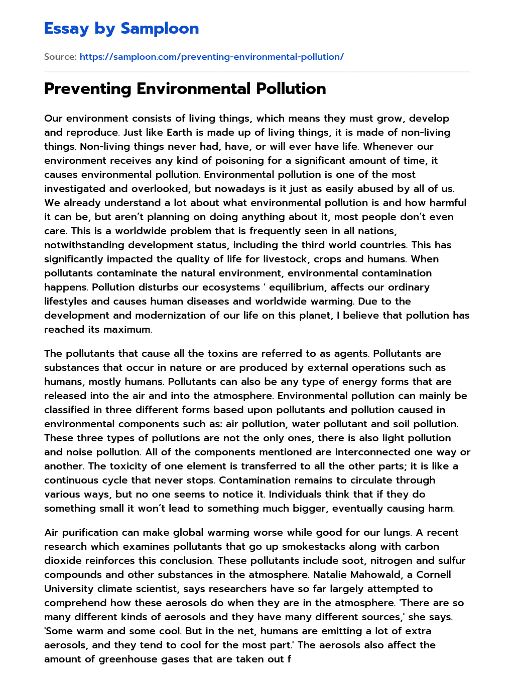 ≫ Preventing Environmental Pollution Free Essay Sample on