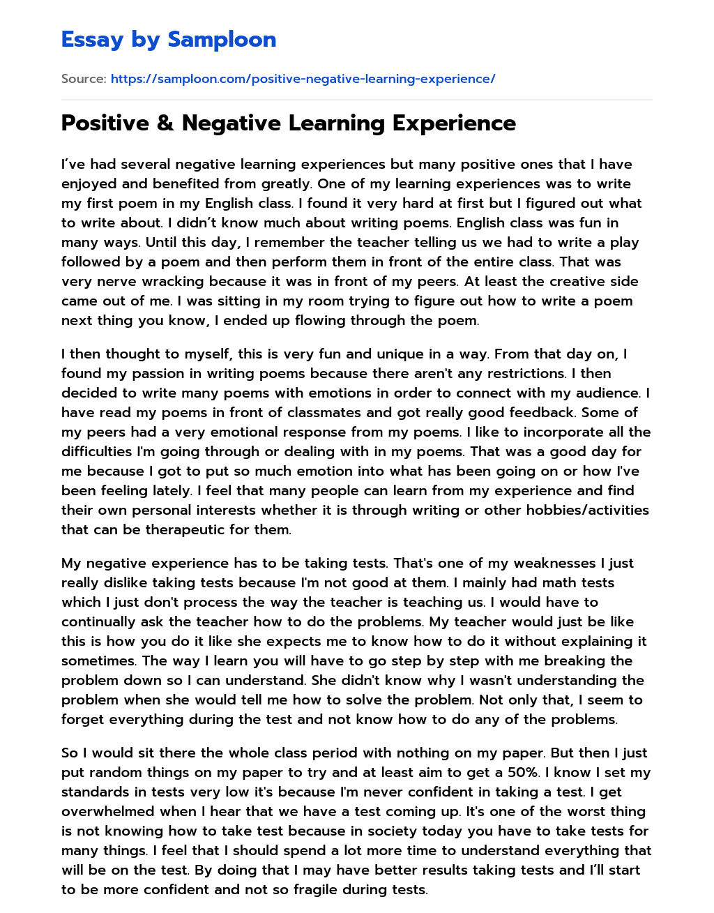 ≫ Positive & Negative Learning Experience Free Essay Sample on