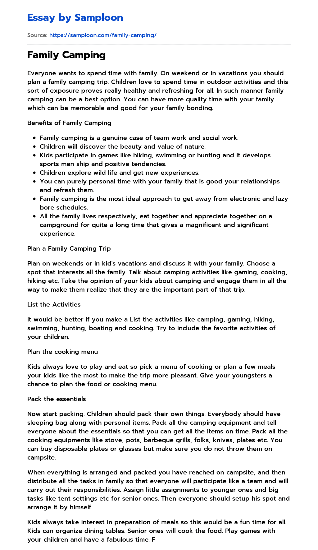≫ Family Camping Free Essay Sample on