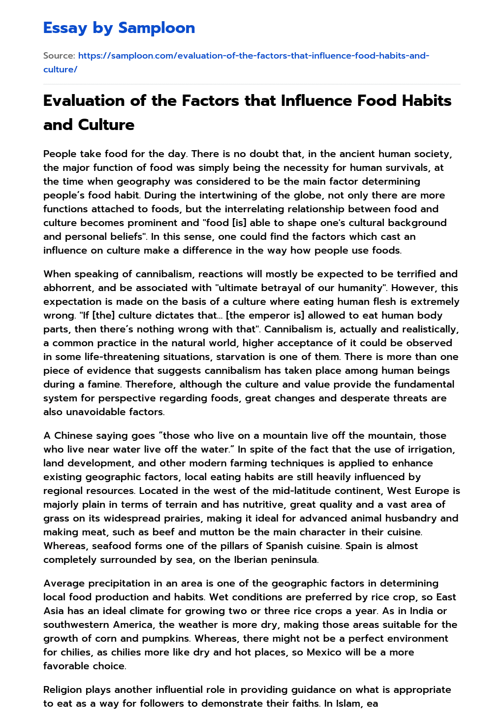 ≫ Evaluation of the Factors that Influence Food Habits and Culture Free Essay Sample on