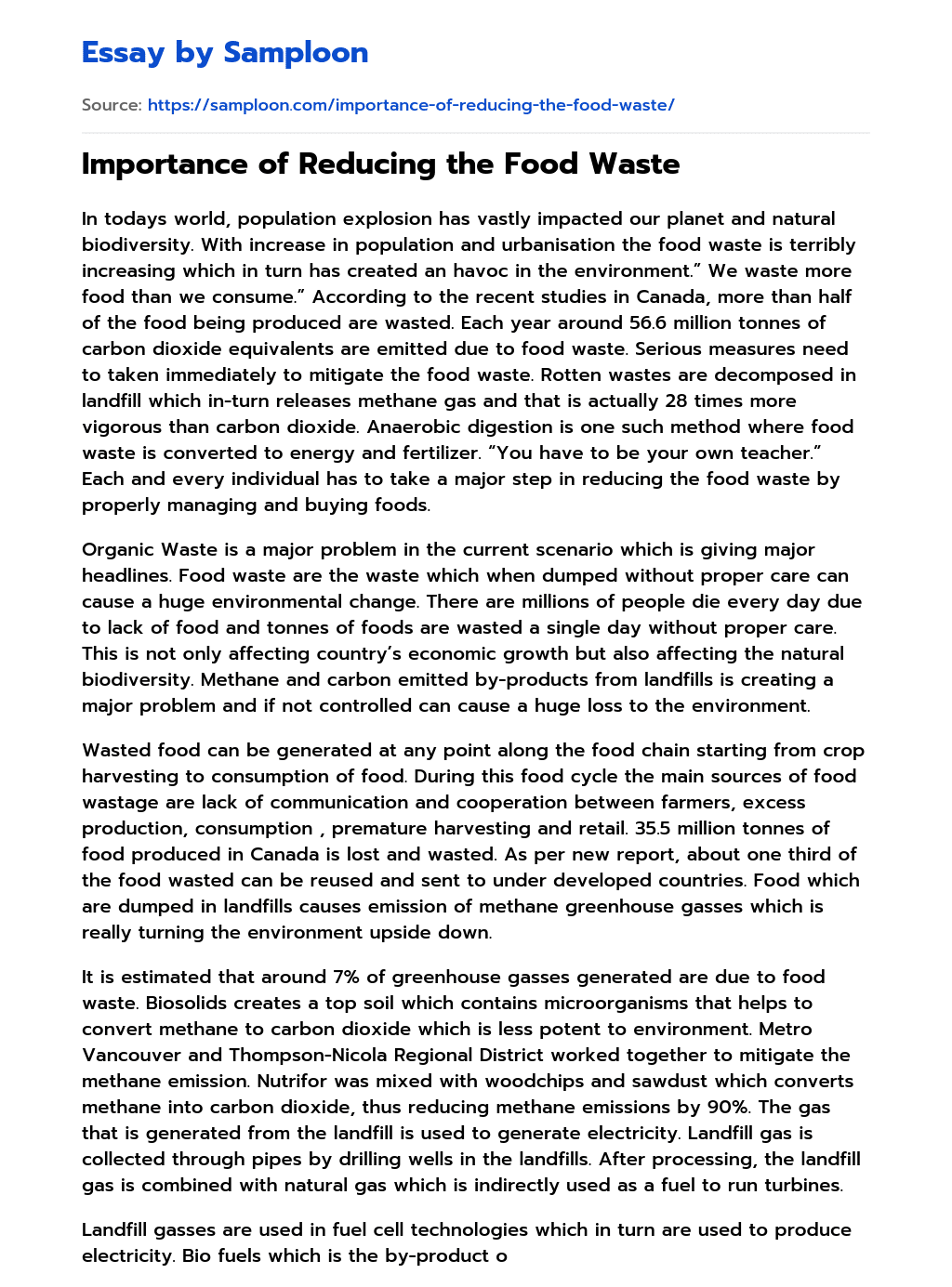 ≫ Importance of Reducing the Food Waste Free Essay Sample on