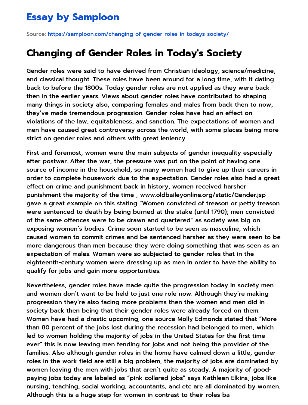 ≫ Changing of Gender Roles in Today's Society Free Essay Sample on