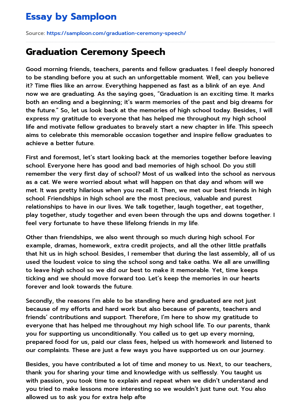 ≫ Graduation Ceremony Speech Free Essay Sample on