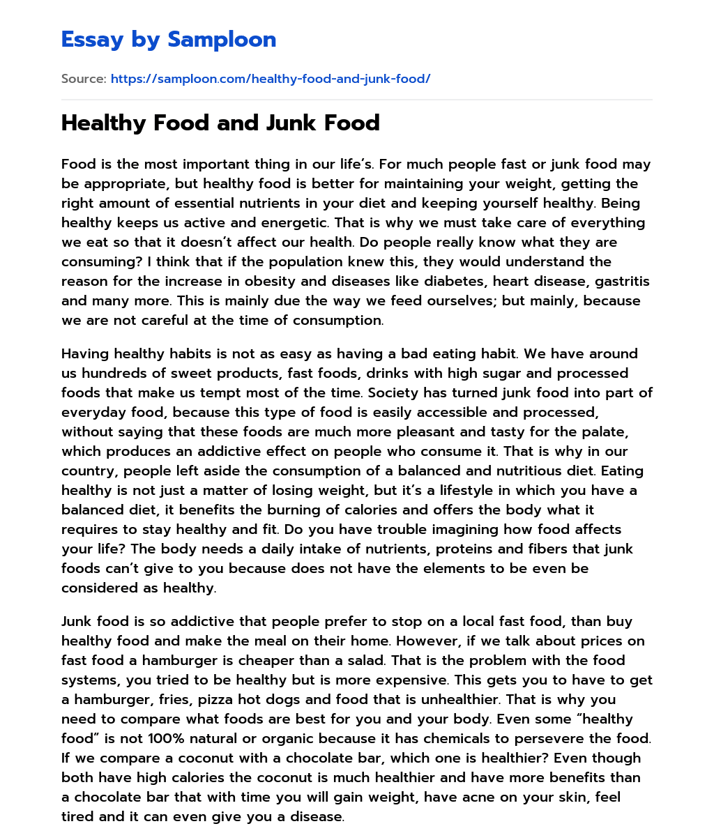 ≫ Healthy Food and Junk Food Free Essay Sample on