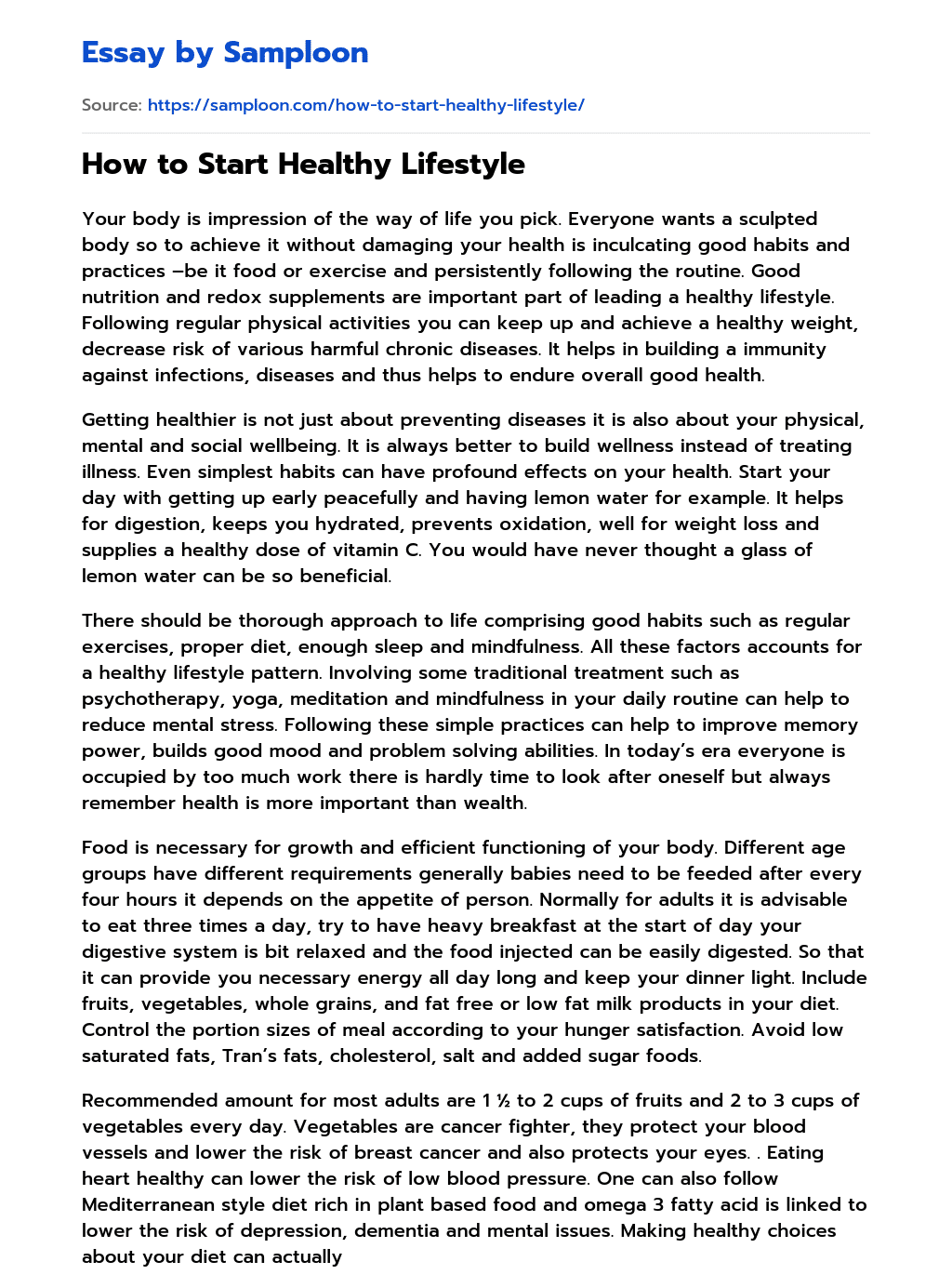 ≫ How to Start Healthy Lifestyle Free Essay Sample on