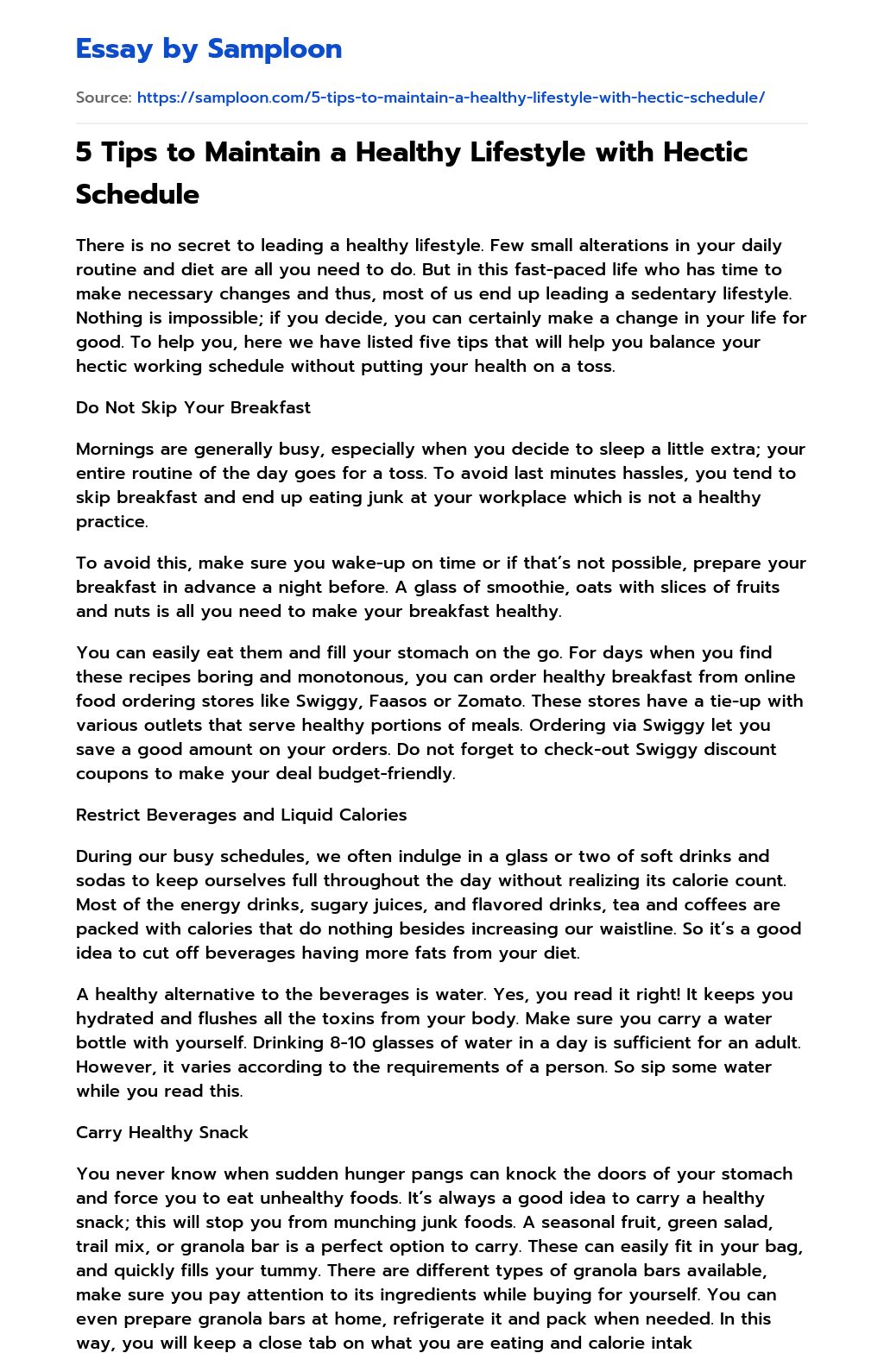 ≫ 5 Tips to Maintain a Healthy Lifestyle with Hectic Schedule Free Essay Sample on