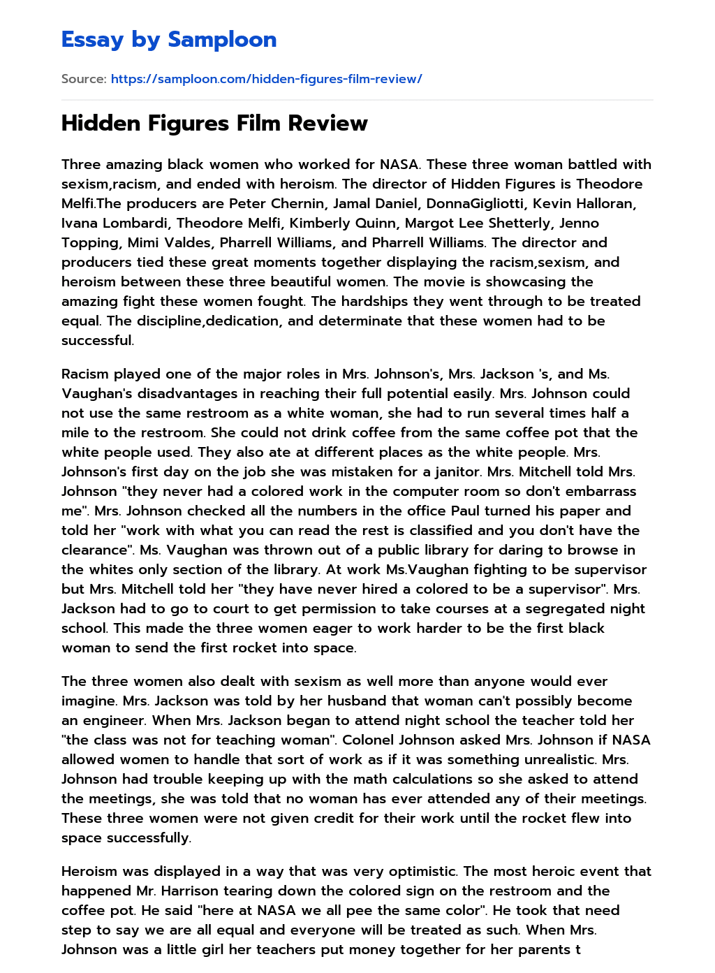 ≫ Hidden Figures Film Review Free Essay Sample on