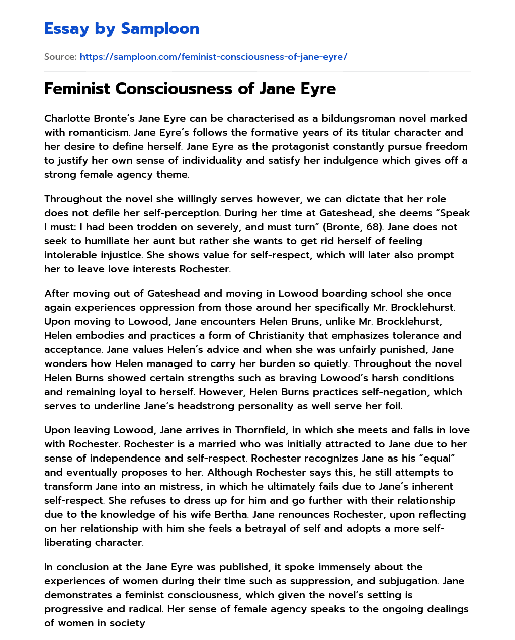 ≫ Feminist Consciousness of Jane Eyre Free Essay Sample on