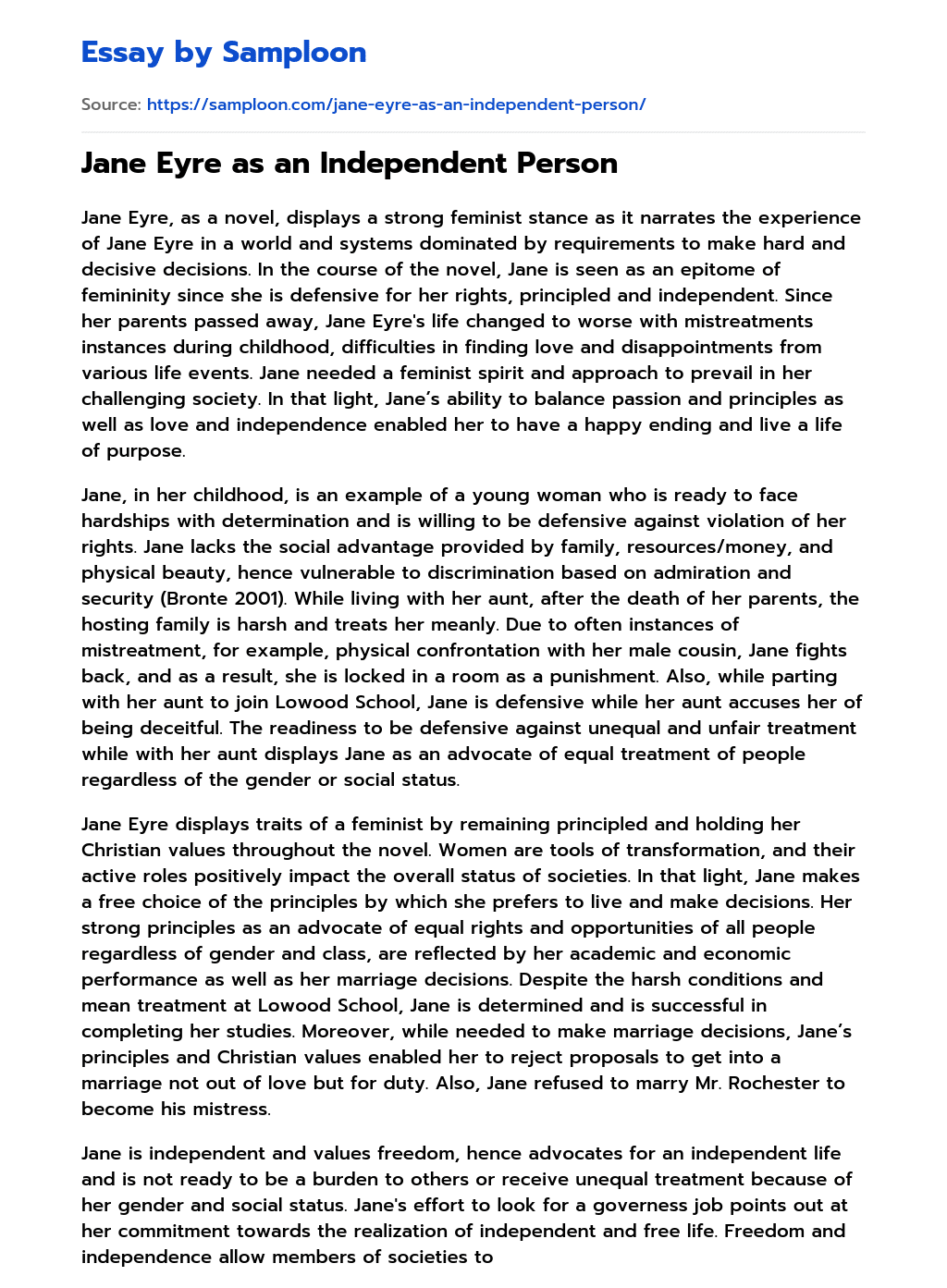 ≫ Jane Eyre as an Independent Person Free Essay Sample on
