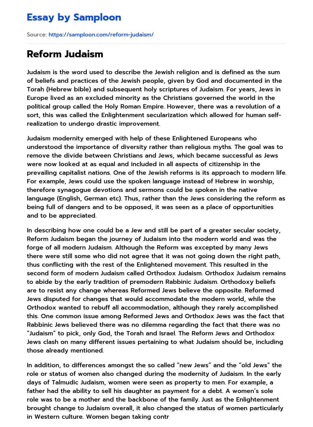 ≫ Reform Judaism Free Essay Sample on
