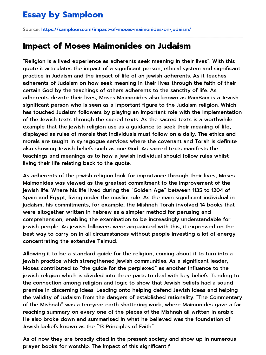 Impact of Moses Maimonides on Judaism Free Essay Sample on