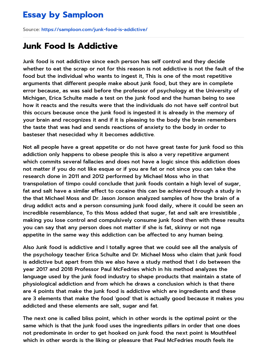 Junk Food Is Addictive Free Essay Sample on