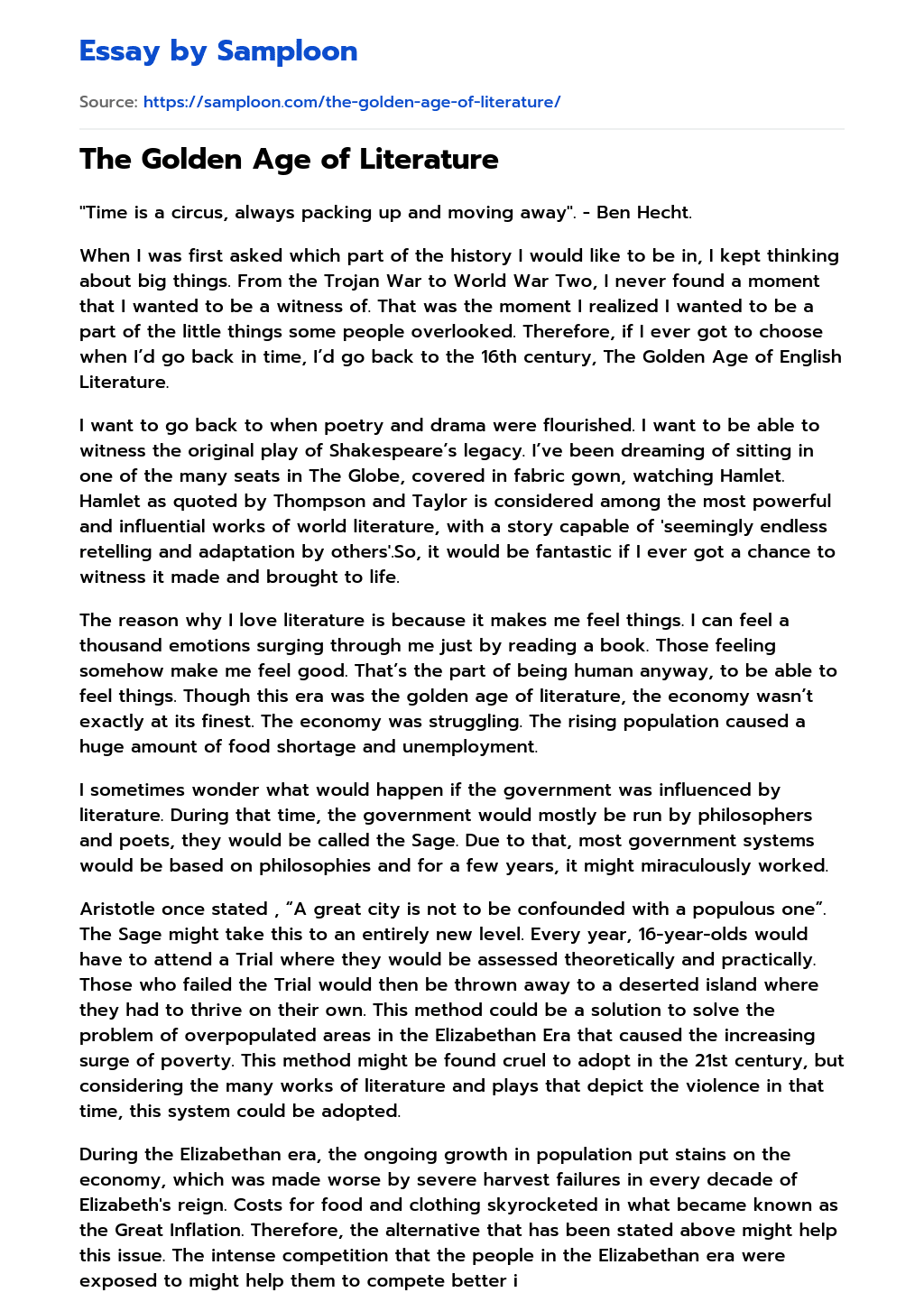 ≫ The Golden Age of Literature Free Essay Sample on