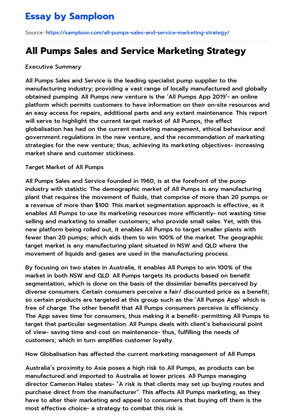 ≫ All Pumps Sales and Service Marketing Strategy Free Essay Sample on