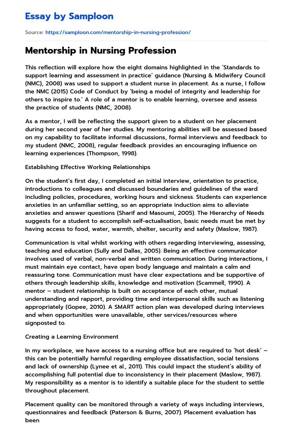 Mentorship in Nursing Profession Personal Essay on