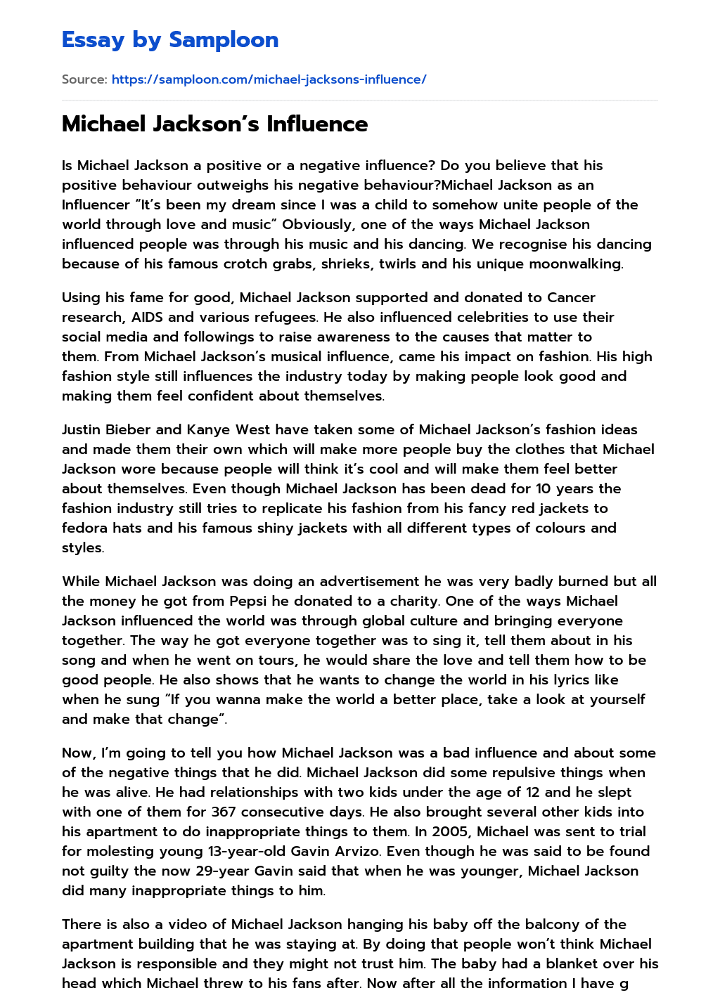 ≫ Michael Jackson’s Influence Free Essay Sample on
