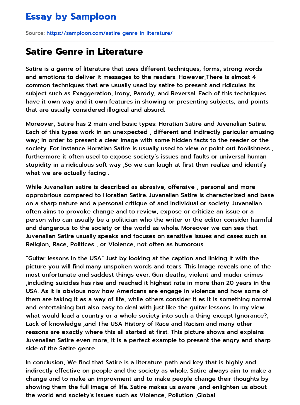 ≫ Satire Genre in Literature Free Essay Sample on