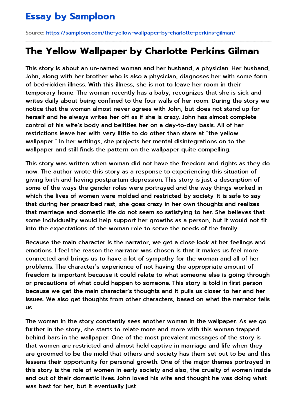 ≫ The Yellow Wallpaper by Charlotte Perkins Gilman Free Essay Sample on