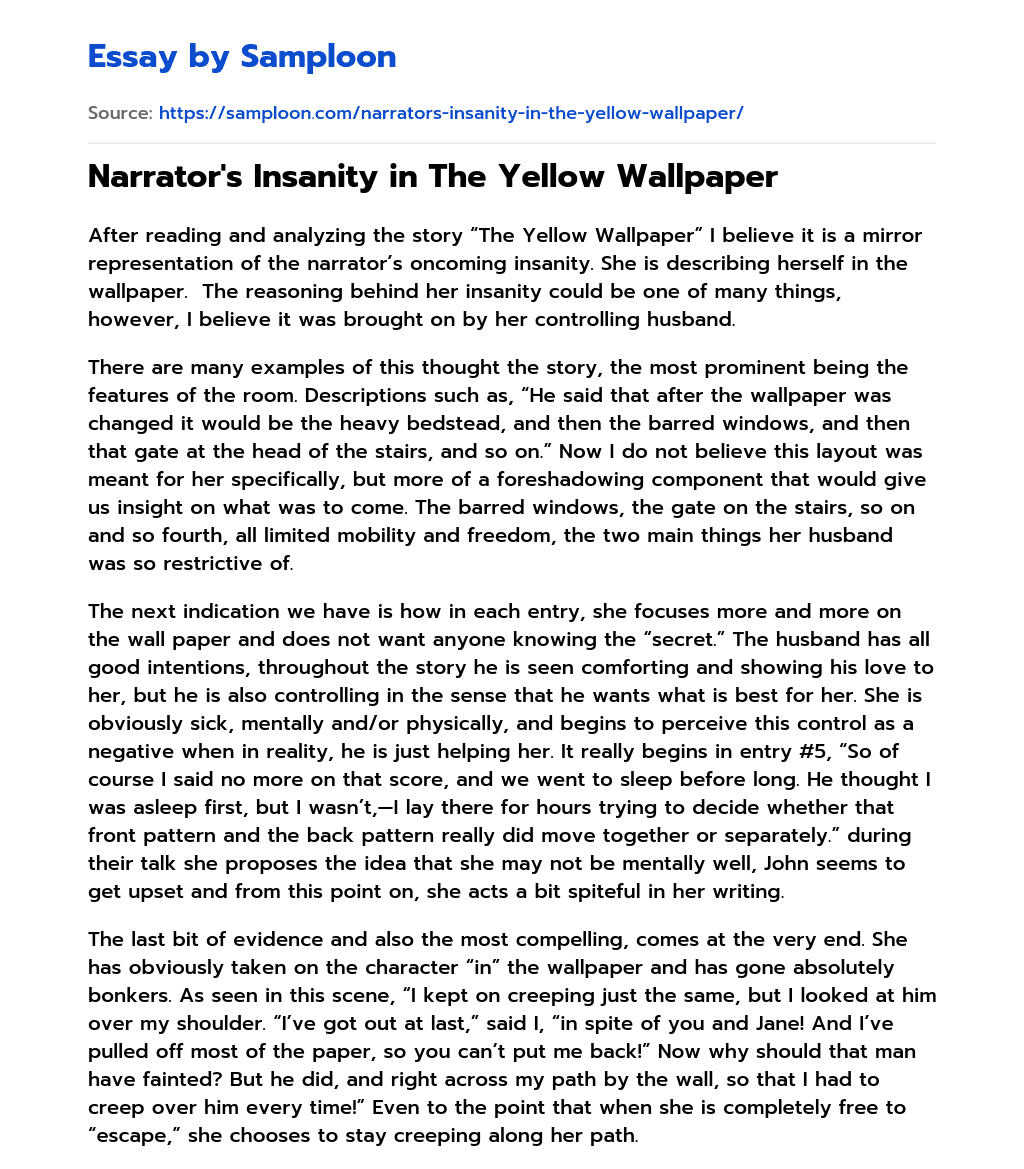 ≫ Narrator's Insanity in The Yellow Wallpaper Free Essay Sample on