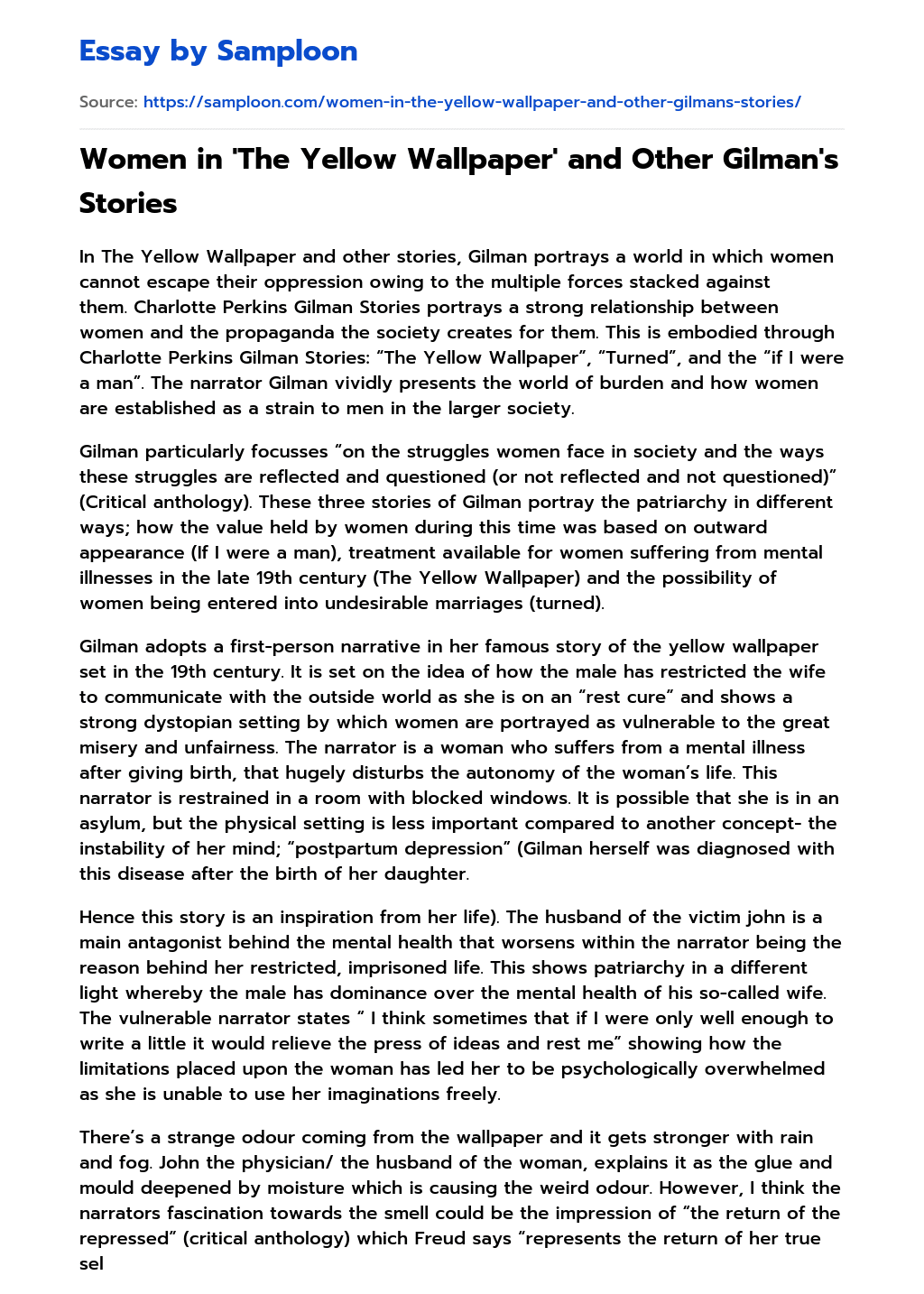 ≫ Women in 'The Yellow Wallpaper' and Other Gilman's Stories Free Essay