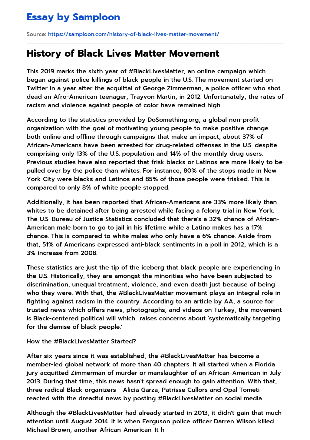 ≫ History of Black Lives Matter Movement Free Essay Sample on