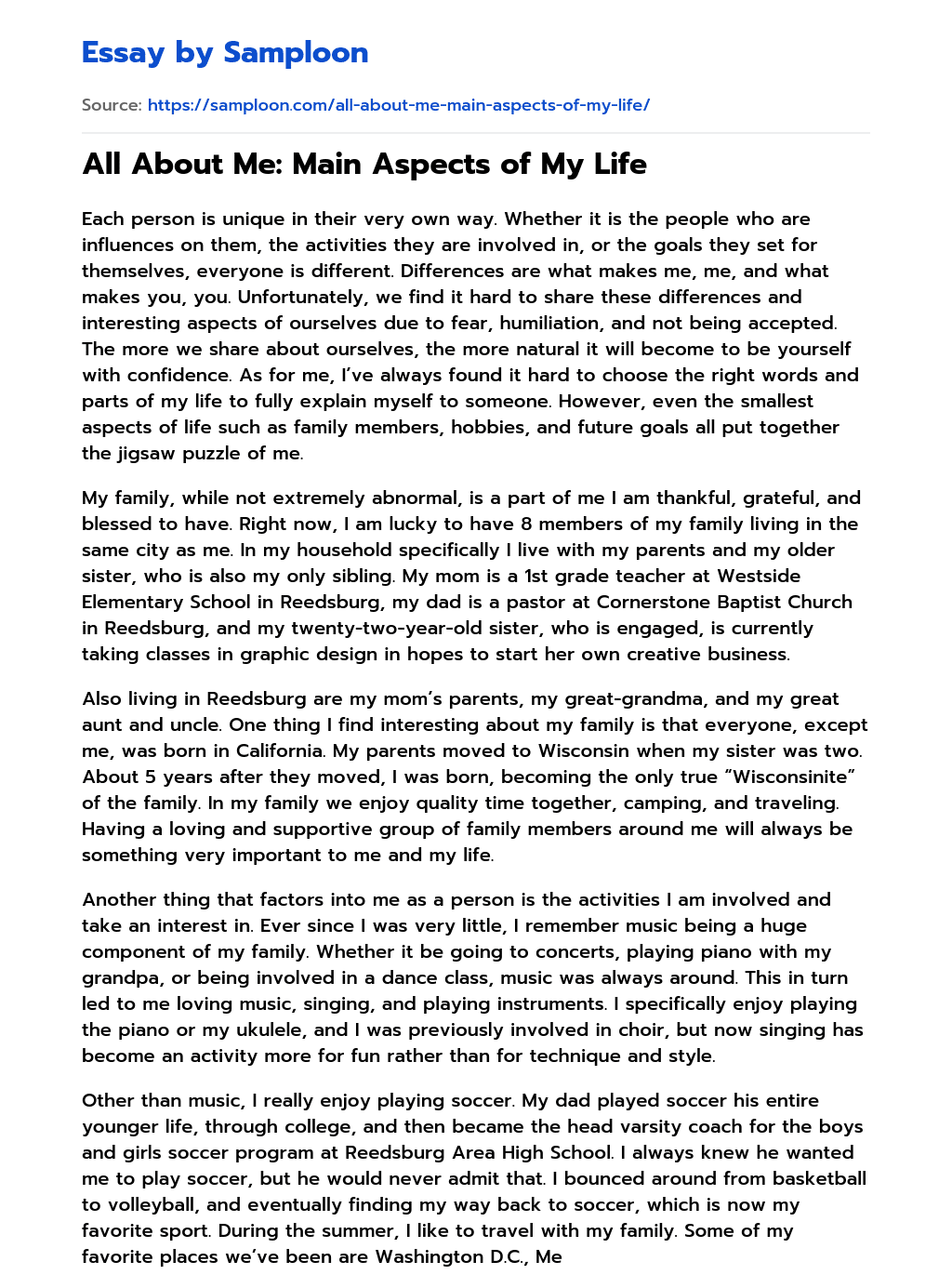 ≫ All About Me Main Aspects of My Life Free Essay Sample on